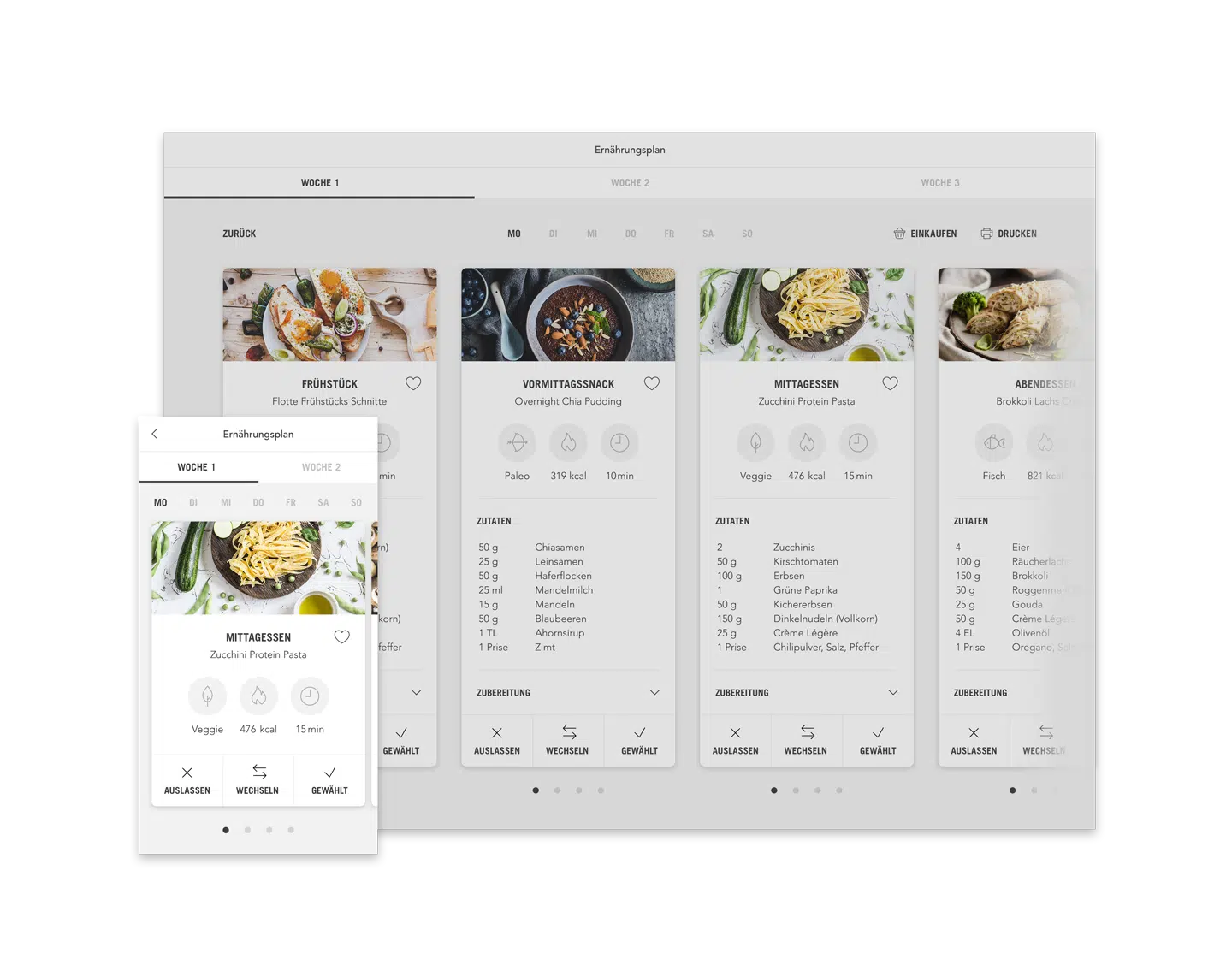 PhysioFIT Peine Ernährungsplan Plan mit Mahlzeiten (Desktop responsive Ansicht Beispiel Tag)